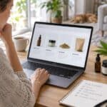 Persona comparando productos de CBD online antes de comprar