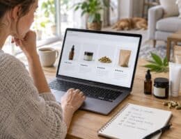 Persona comparando productos de CBD online antes de comprar