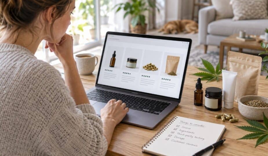 Persona comparando productos de CBD online antes de comprar