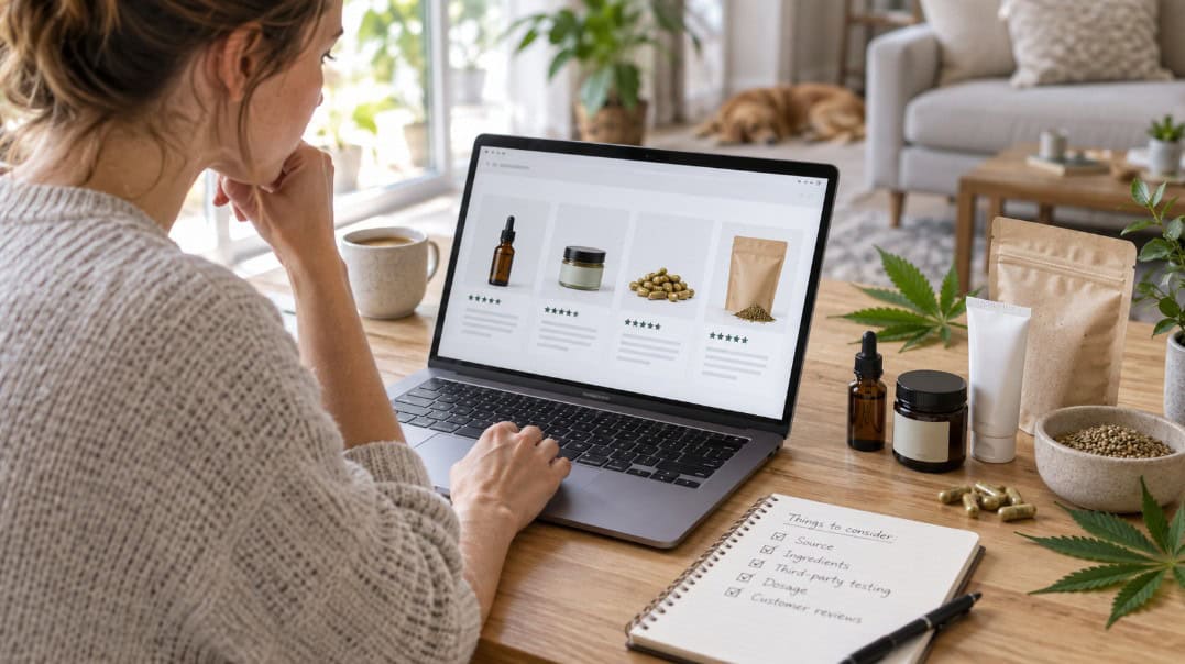 Persona comparando productos de CBD online antes de comprar