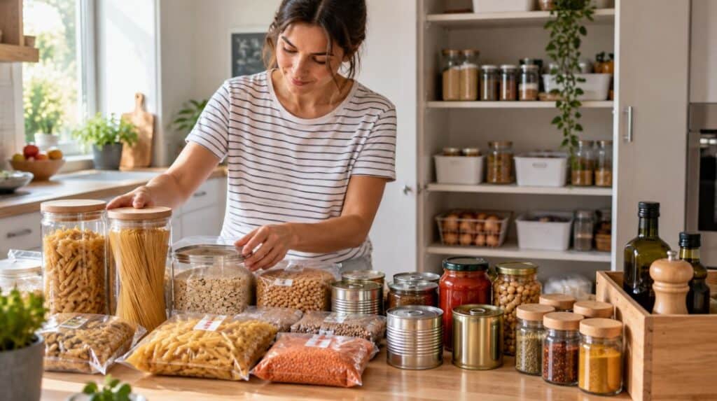 Alimentos agrupados por categorías antes de organizar la despensa